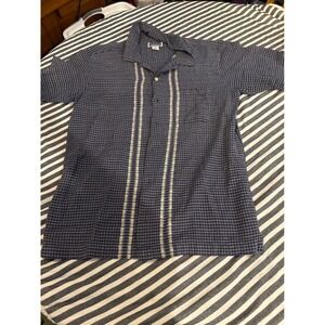 NorthCrest Mens Navy Blue Textured Grid‎ Short Sleeve Camp Shirt Size M Cotton